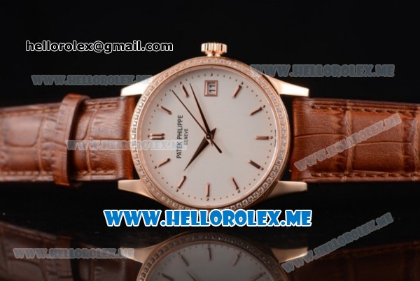 Patek Philippe Calatrava Miyota 9015 Automatic Rose Gold Case with White Dial Brown Leather Strap and Stick Markers Diamonds Bezel - Click Image to Close